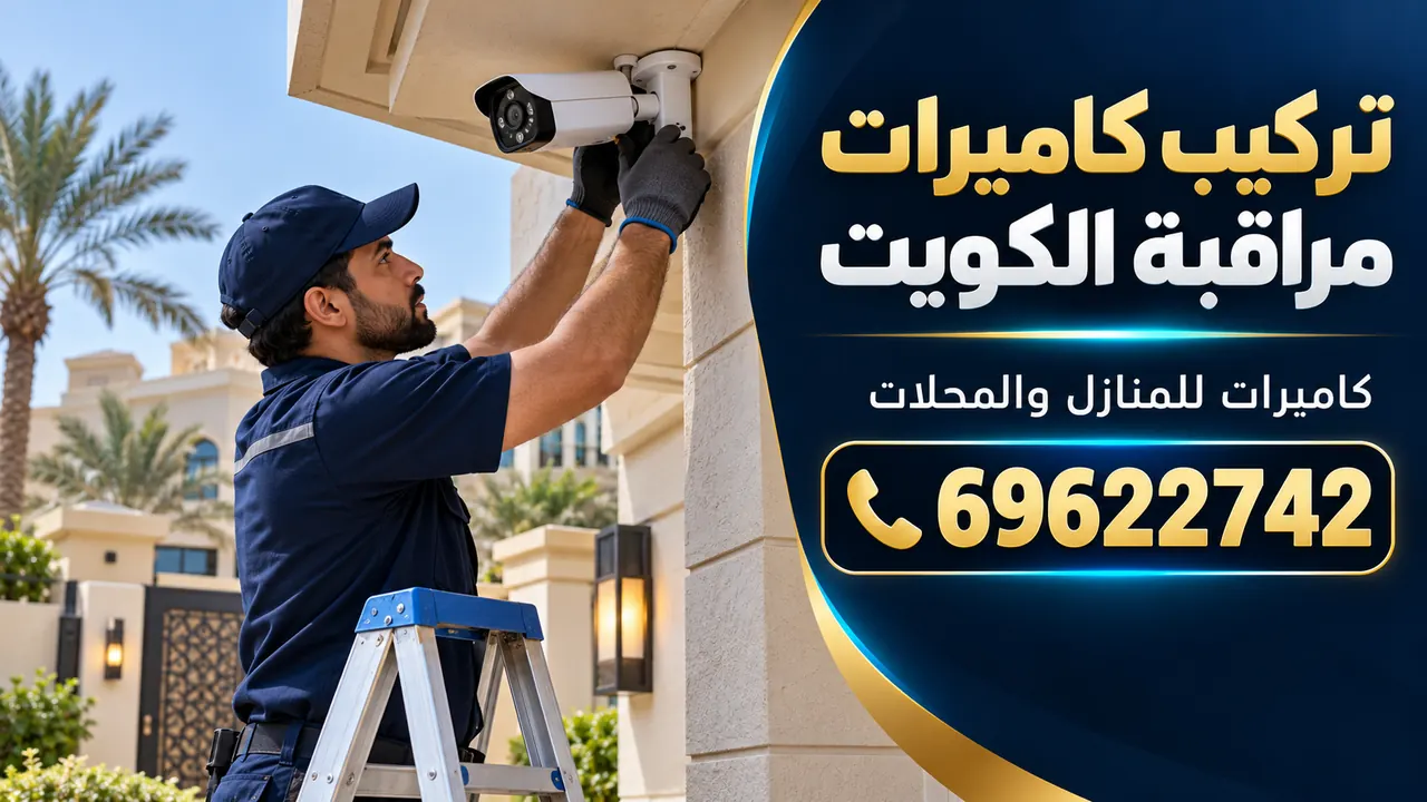 صورة توضيحية لفني على سلم يركّب كاميرا مراقبة خارجية على جدار فيلا في الكويت