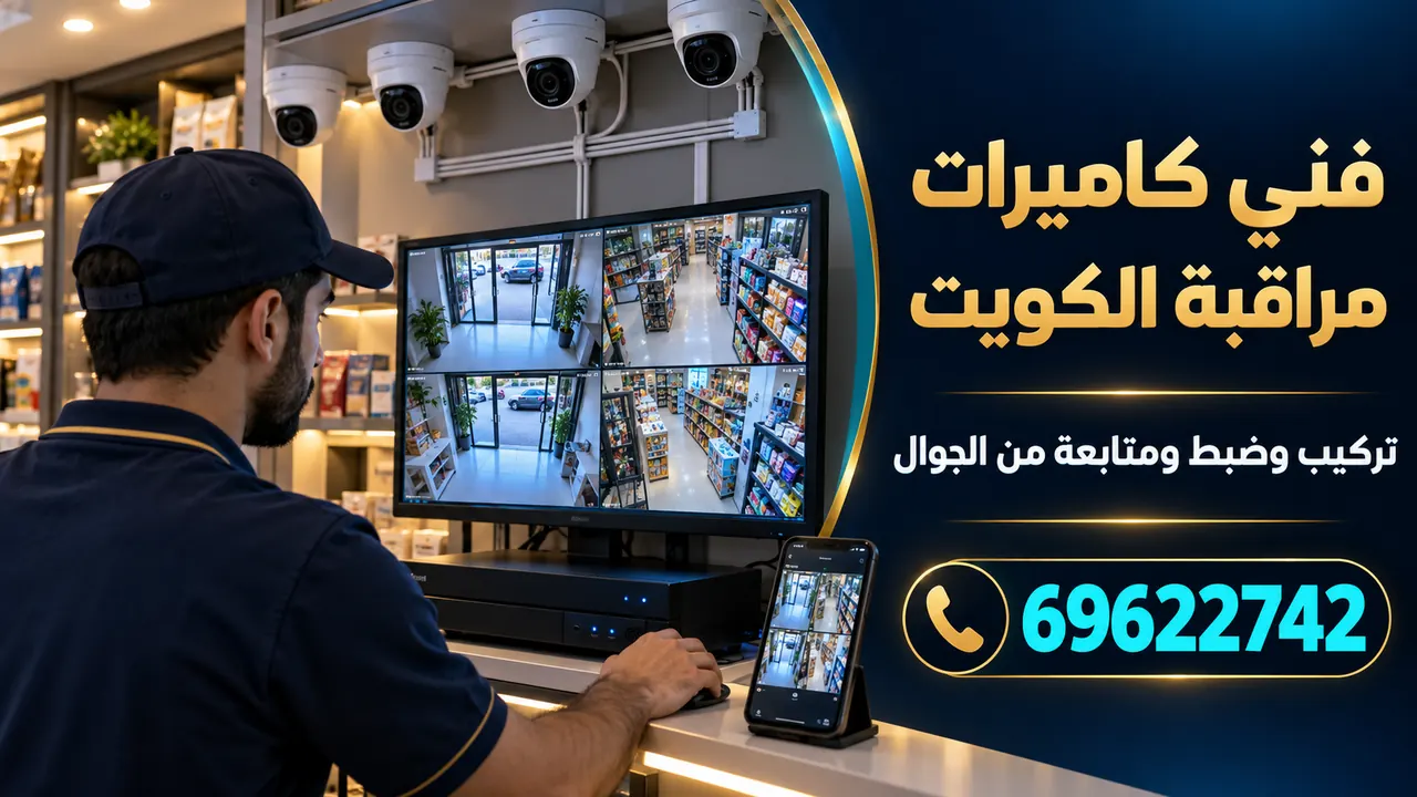 صورة توضيحية لفني كاميرات مراقبة في محل تجاري يعرض أربع كاميرات على الشاشة وتطبيق المتابعة على الجوال