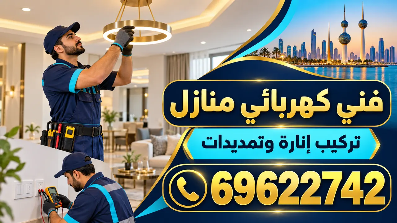 صورة توضيحية لكهربائي منازل يركب ثريا حلقية LED في السقف ويختبر فيشًا كهربائيًا بجهاز فحص