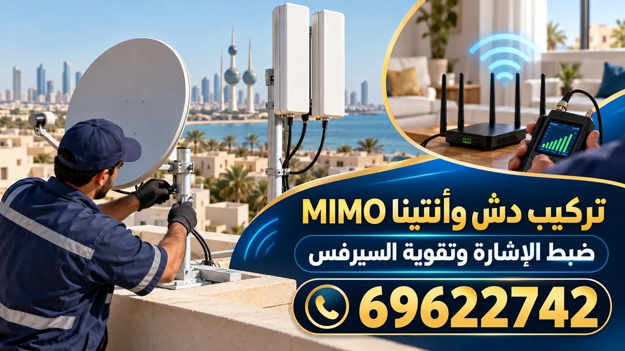 صورة توضيحية لدش ستلايت وألواح انتينا ميمو MIMO على سطح منزل مع راوتر وجهاز قياس إشارة