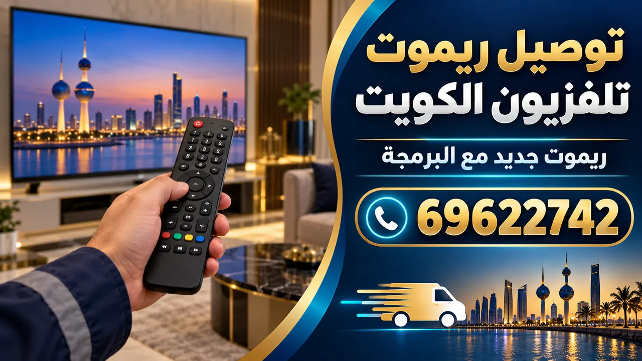 صورة توضيحية ليد تحمل ريموت تلفزيون جديد بجانب سيارة توصيل في الكويت