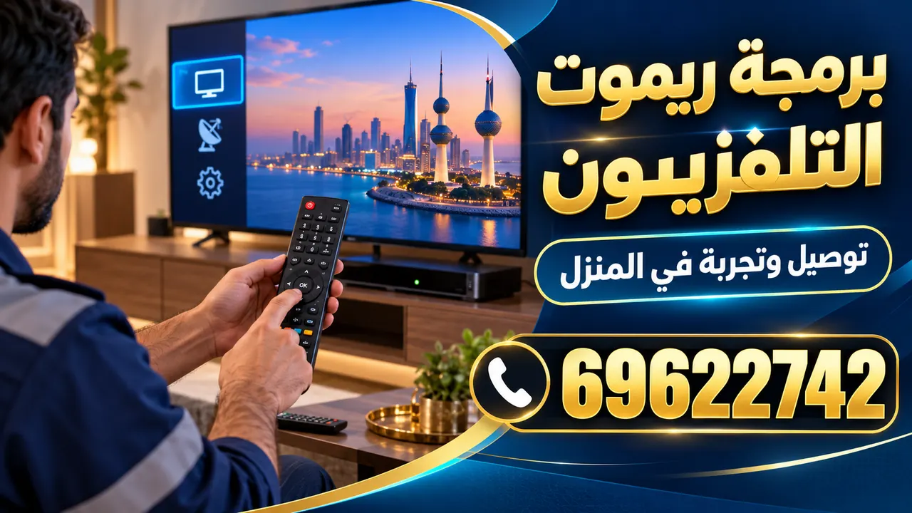 صورة توضيحية لفني يبرمج ريموت تلفزيون جديد ويجربه على الشاشة داخل منزل في الكويت
