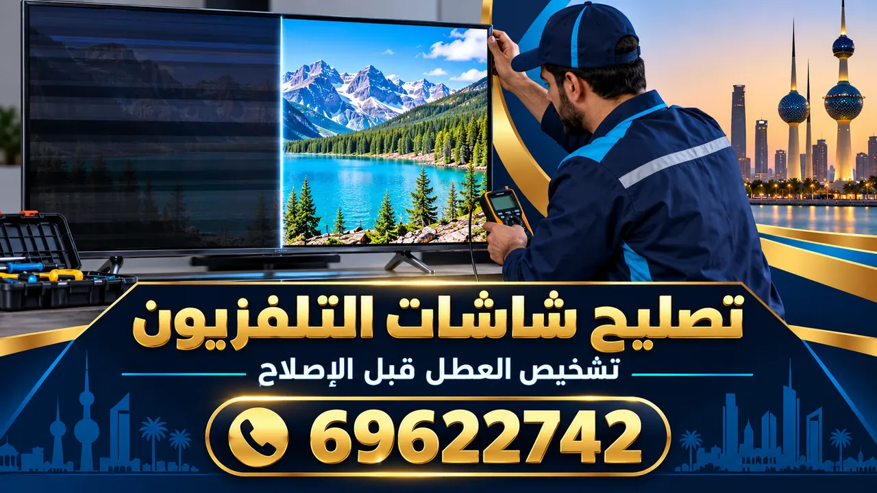 صورة توضيحية لشاشة تلفزيون نصفها فيه خطوط ونصفها سليم بعد الإصلاح مع فني يستخدم جهاز قياس
