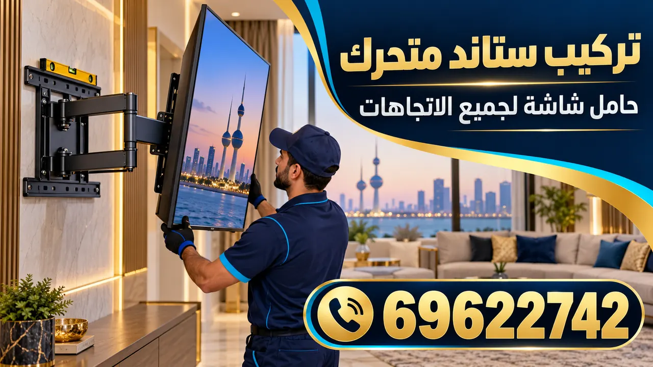 صورة توضيحية لفني يركّب شاشة تلفزيون على ستاند متحرك بذراع على جدار المنزل