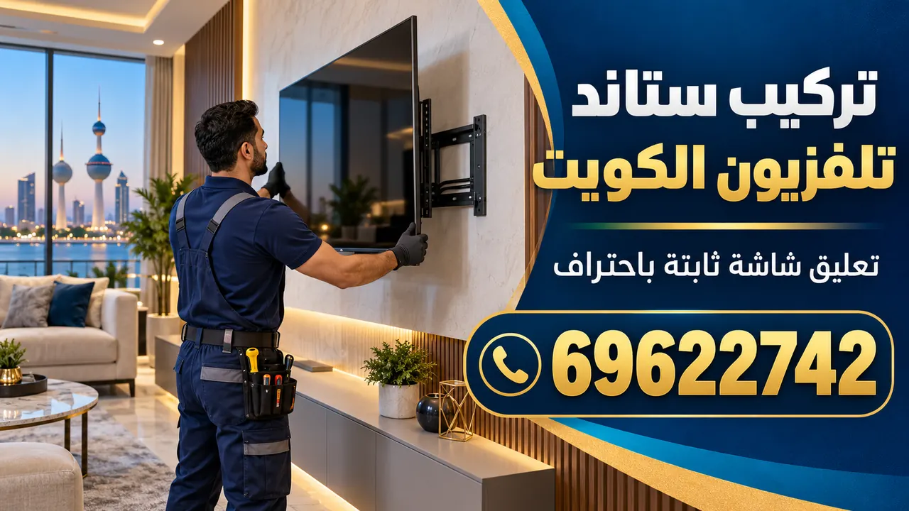 صورة توضيحية لفني يثبت شاشة تلفزيون على ستاند ثابت في صالة منزل بالكويت